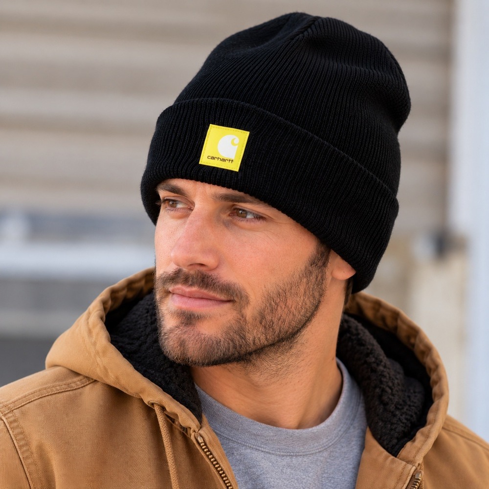 Carhartt Men's One Size Black Cuffed Knit Beanie Yellow Logo Patch Acrylic